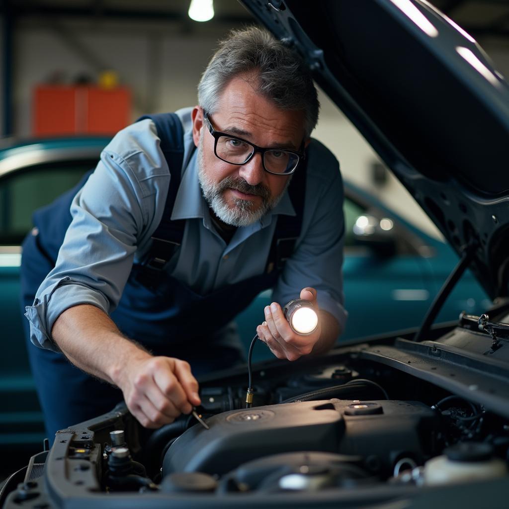 Experienced auto mechanic inspects a car engine.