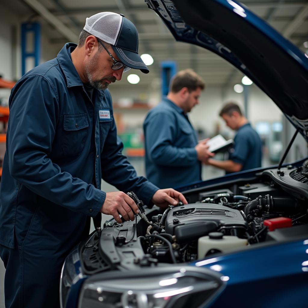 Experienced Auto Mechanic Inspecting Car Engine