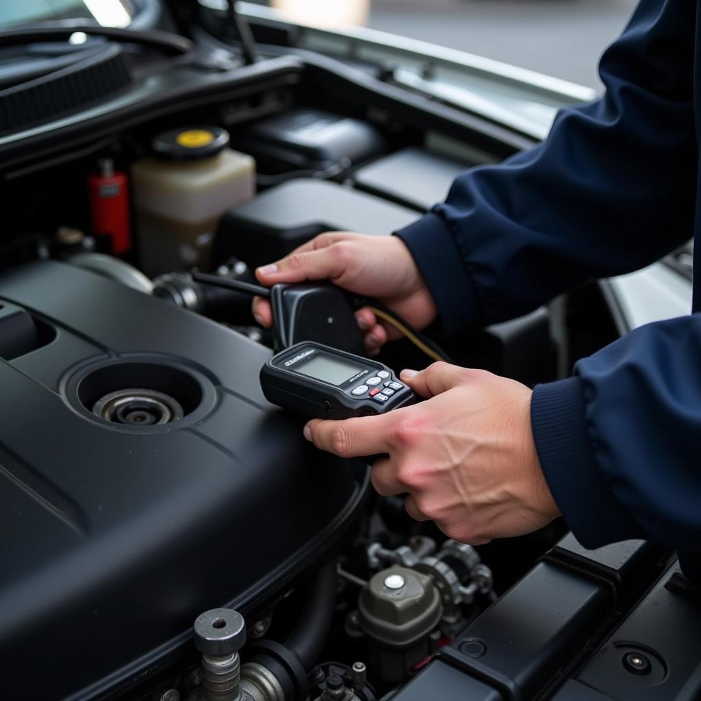 Auto Mechanic Inspecting Engine