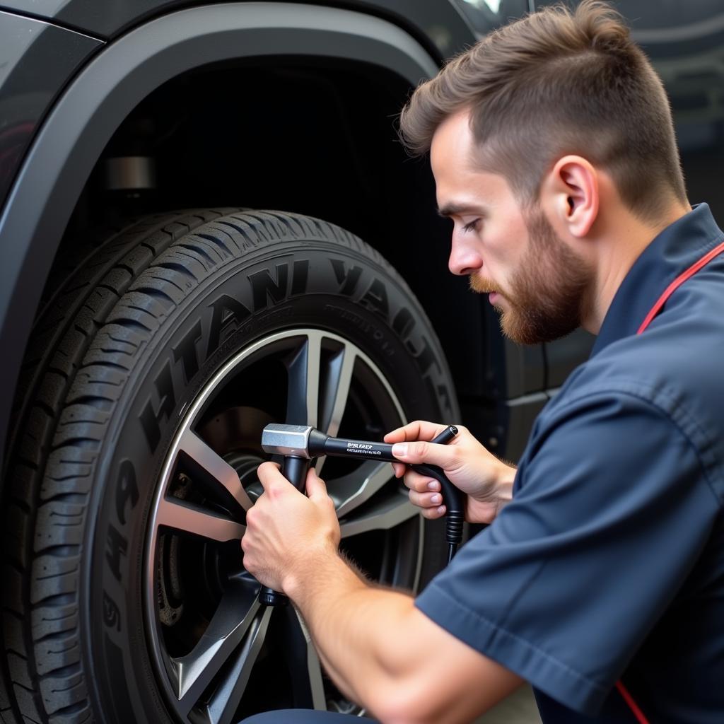 Mechanic Inspecting Car Tires