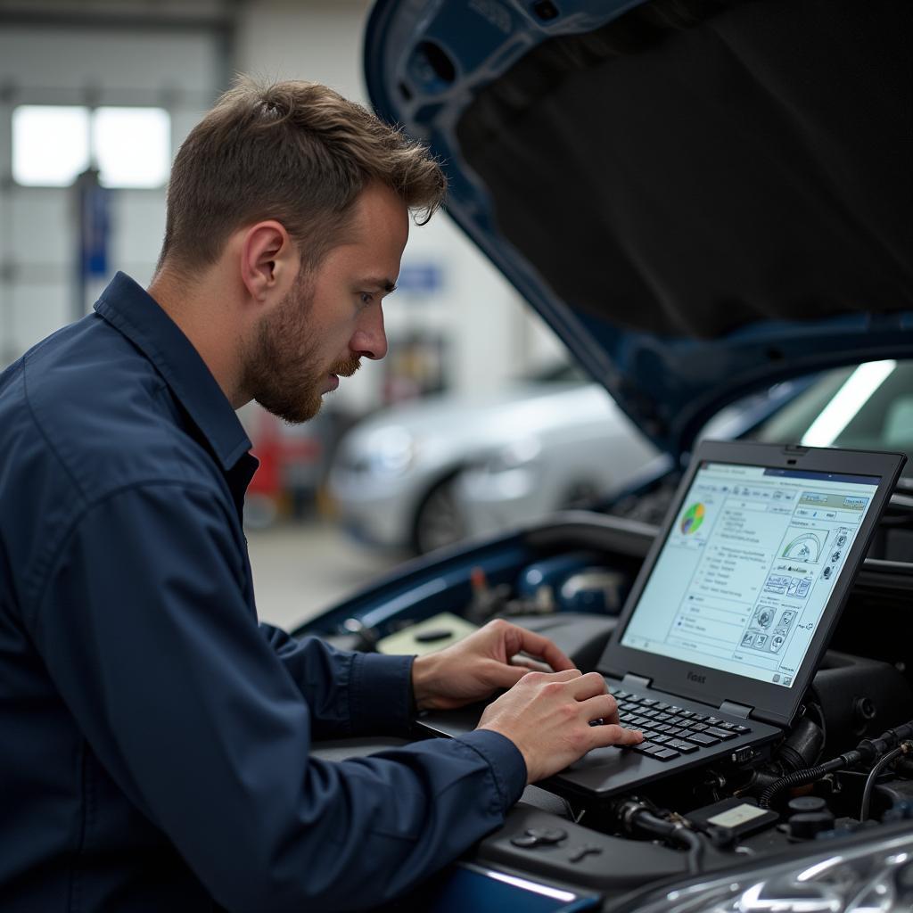 Auto mechanic in Lagrange performing diagnostics