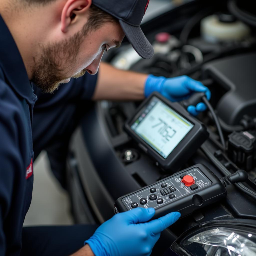 Auto mechanic using diagnostic equipment on a car engine