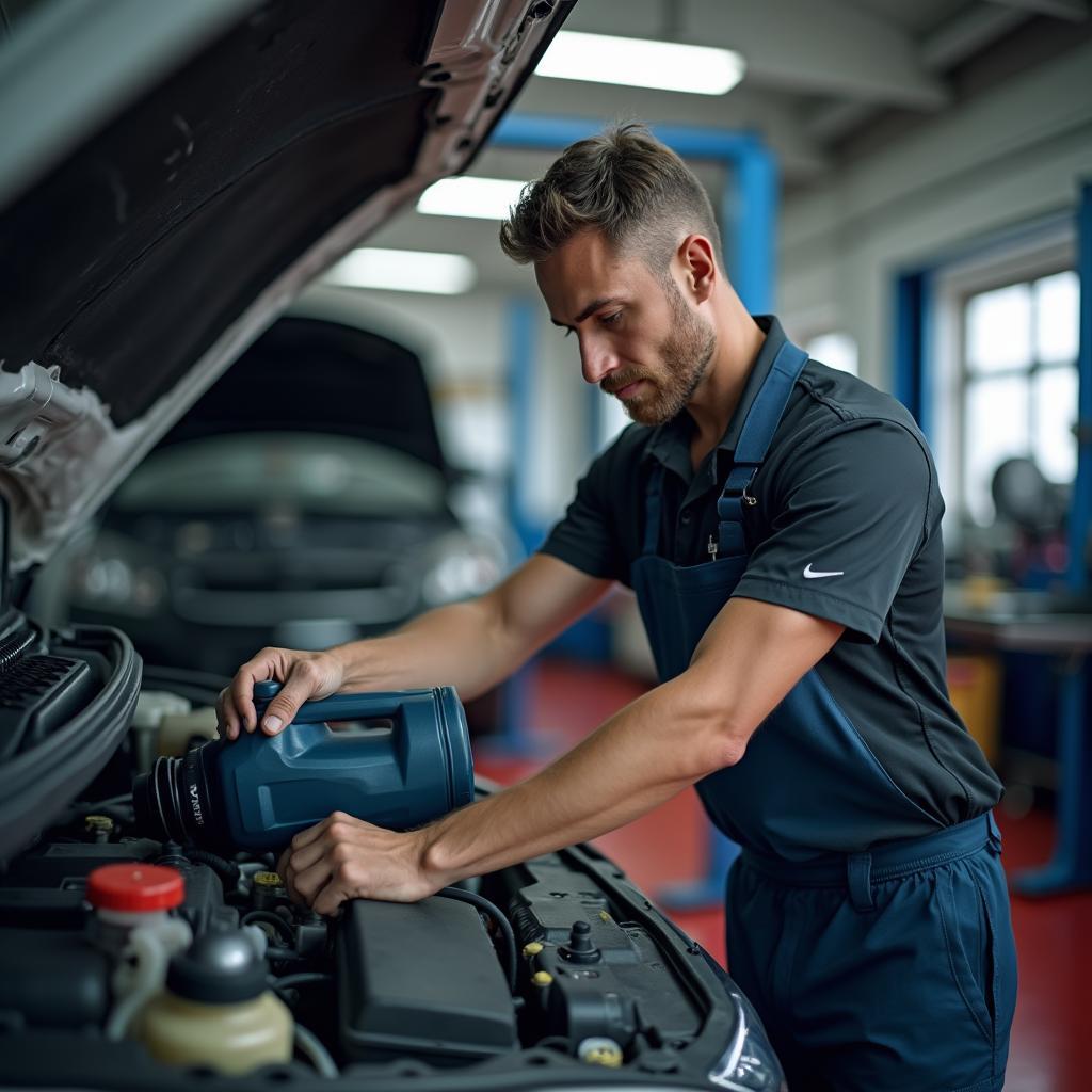 Skilled mechanic performing an oil change