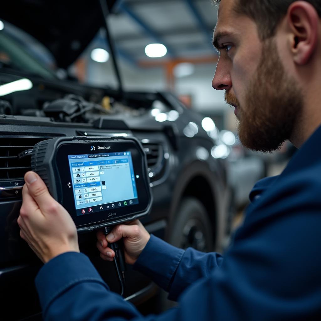 Skilled auto mechanic using a diagnostic tool in Piatra Neamt