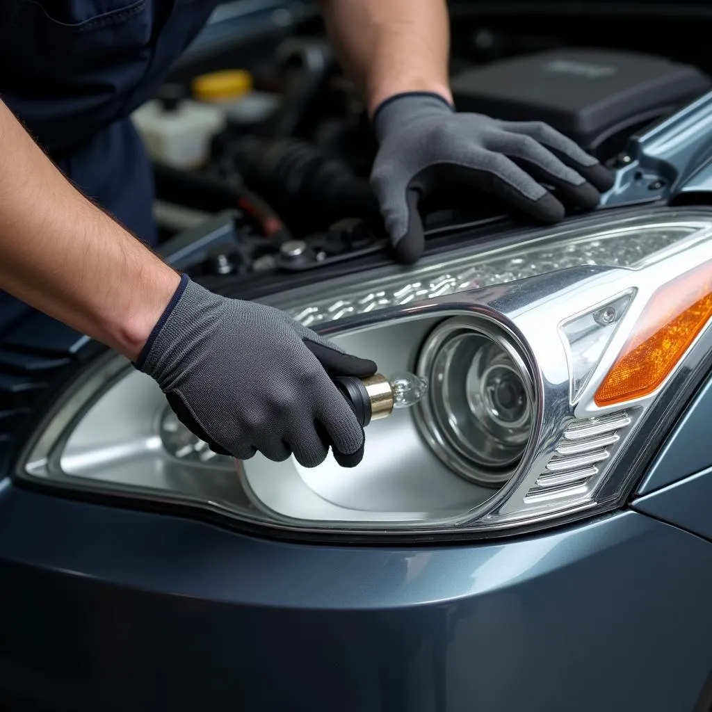 Mechanic installing a new headlight bulb in a car