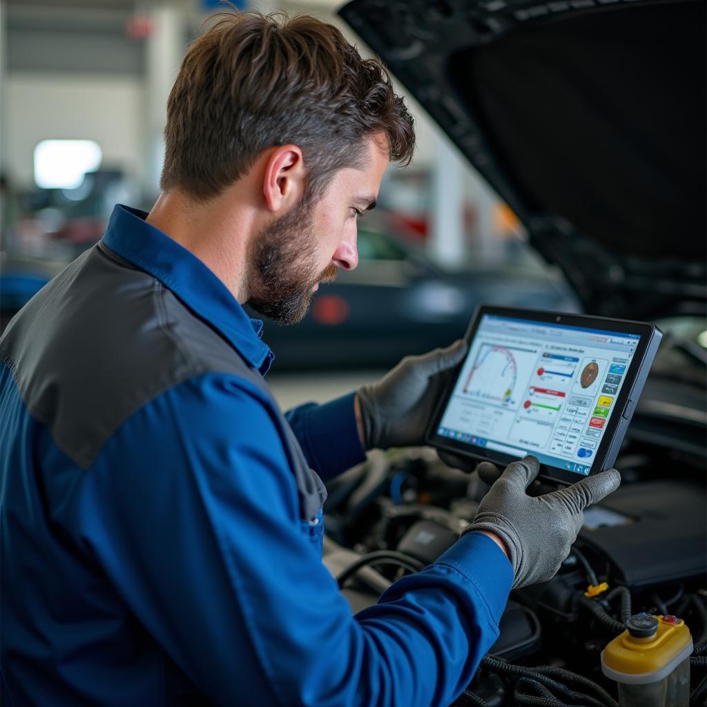 Experienced Auto Mechanic Using Diagnostic Equipment in a Garage