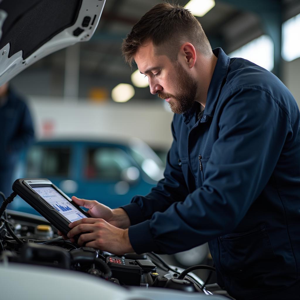 Auto mechanic in Broadway Hicksville using a high-tech diagnostic tool to identify a car issue