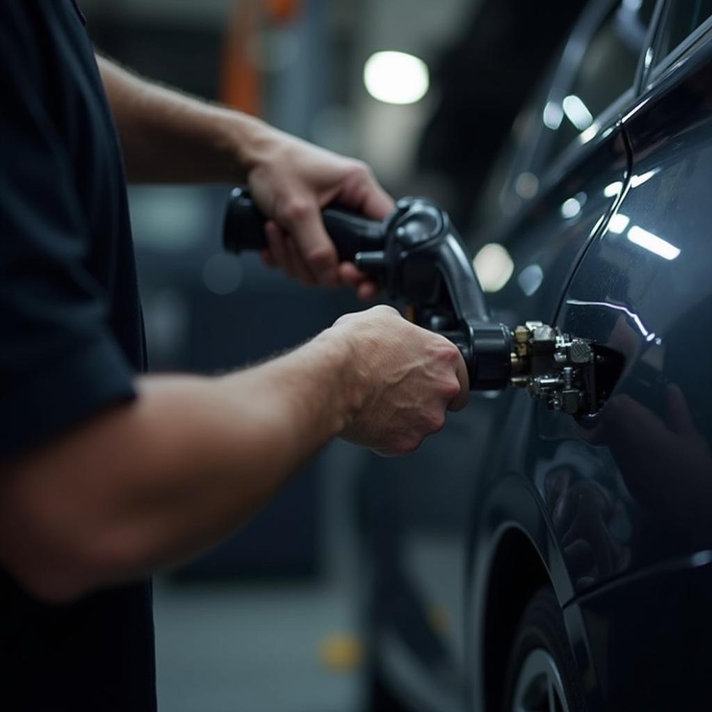 A skilled auto mechanic in Burke, VA using a high-tech diagnostic tool to assess a vehicle.