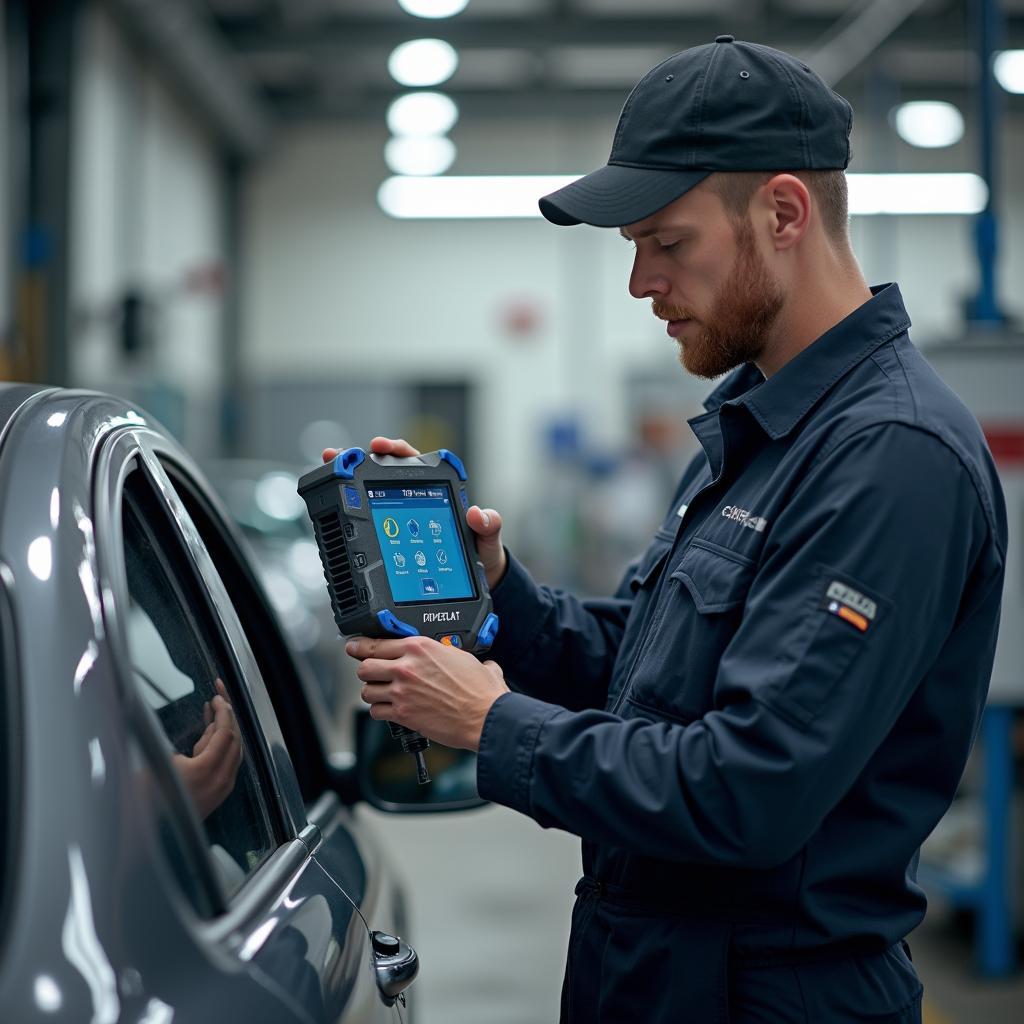 Mechanic using a diagnostic tool in a modern auto shop