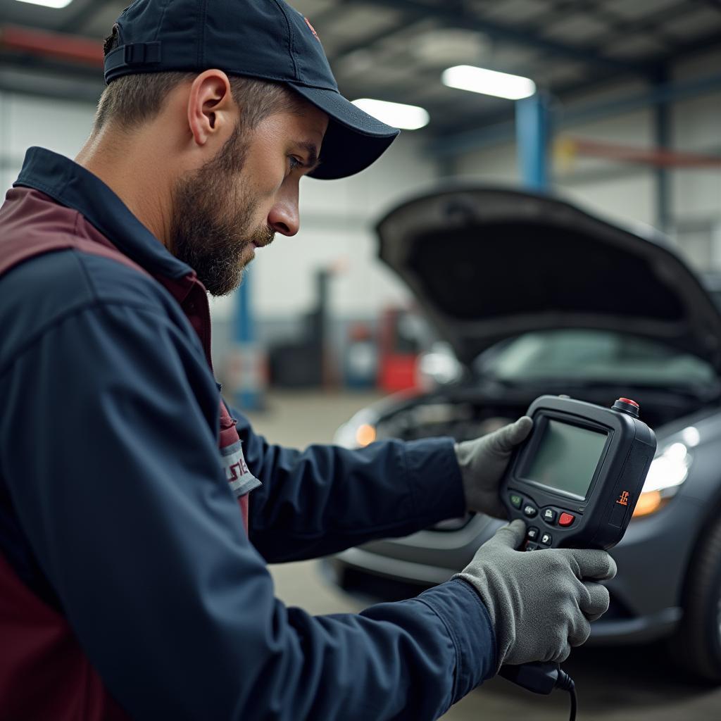 Mechanic using a diagnostic tool on a car in Rockford