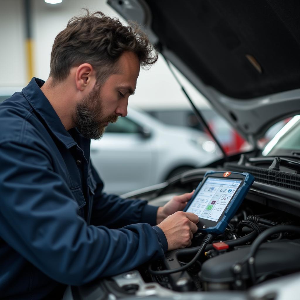 Auto mechanic using a diagnostic tool