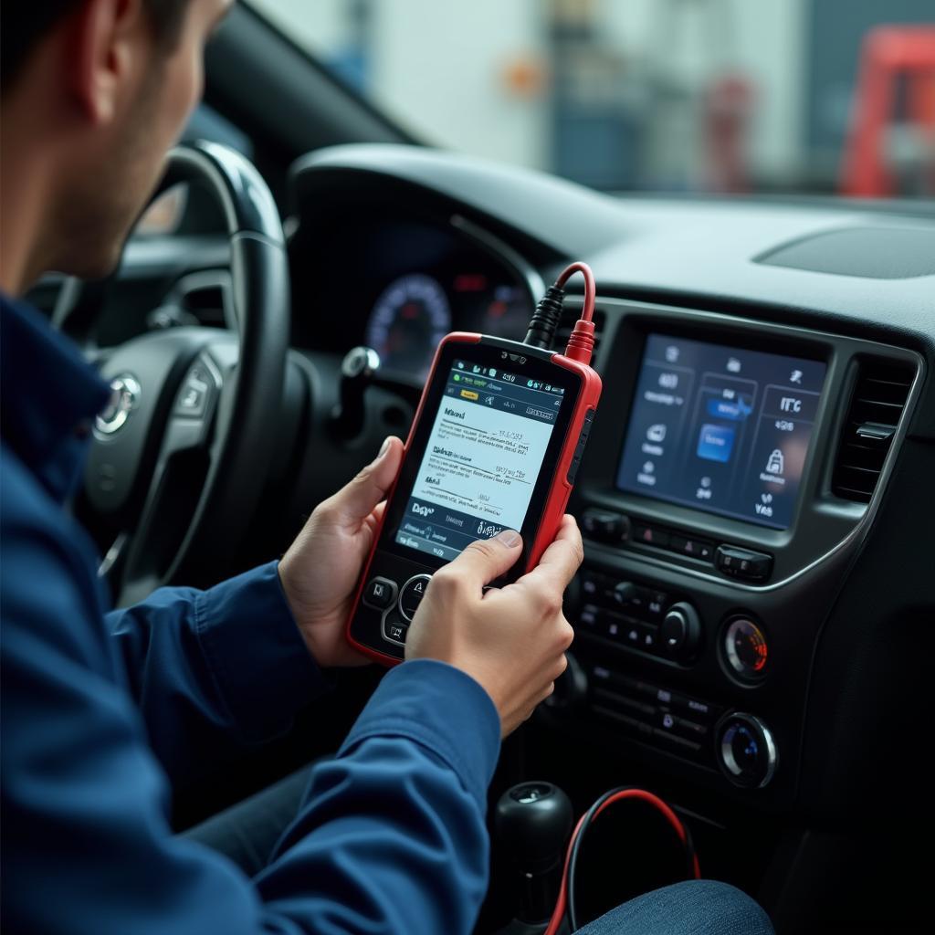 Mechanic Using Diagnostic Tool on Car