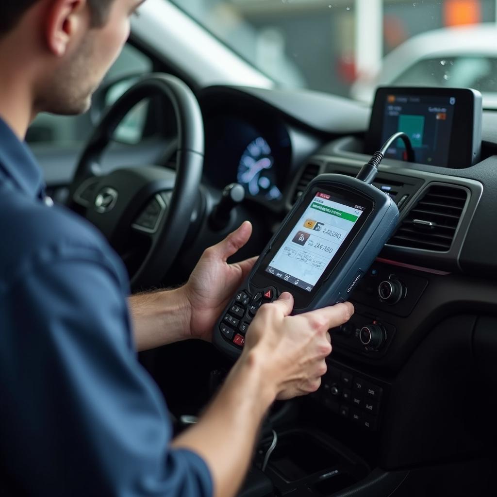 Mechanic using a diagnostic tool on a car in North Las Vegas