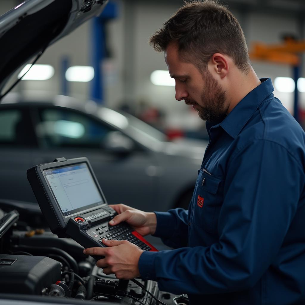 Mechanic in Middletown, OH, using a diagnostic tool on a vehicle