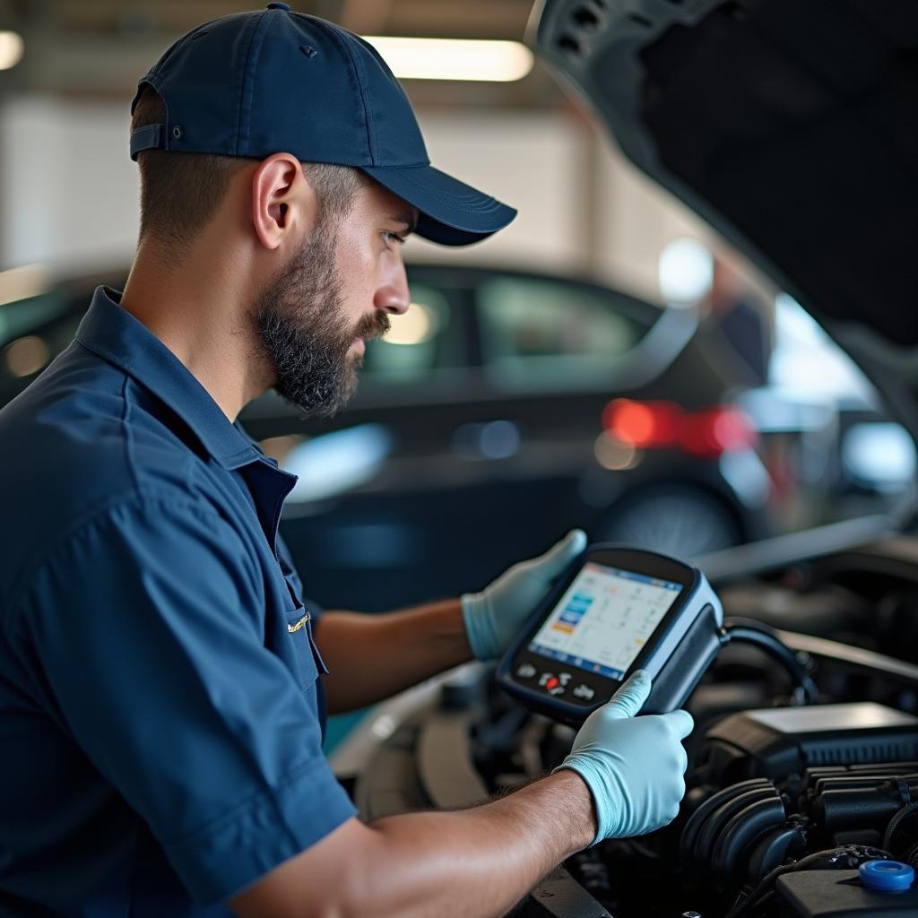 Mechanic Using Diagnostic Tool on a Car