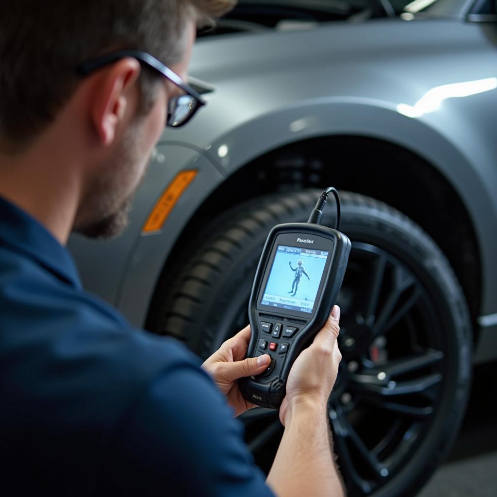 Mechanic using a diagnostic tool on a vehicle in West Newton