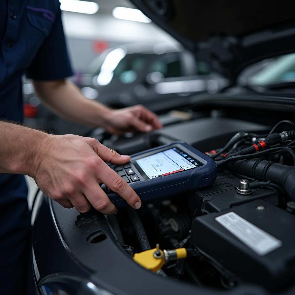 Mechanic using a digital diagnostic tool on a car