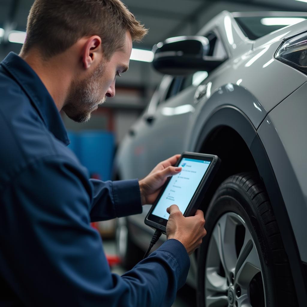 Auto mechanic using diagnostic tool in Cortland OH