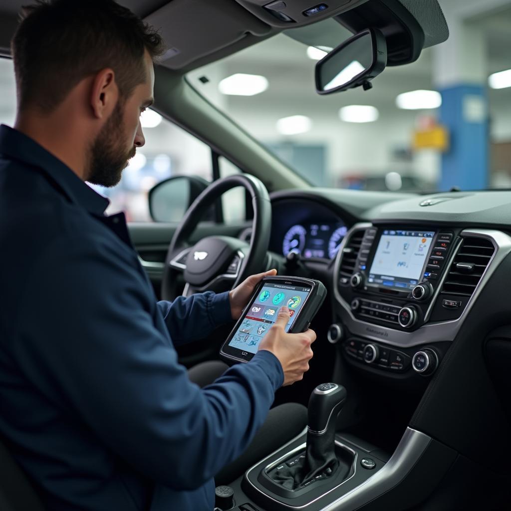 Auto mechanic utilizing a digital diagnostic tool to troubleshoot a vehicle.