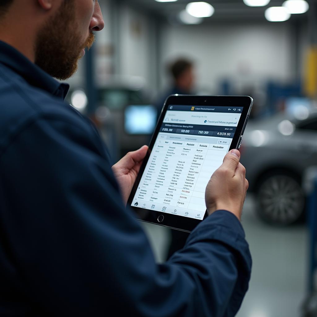 Mechanic using a digital tablet for vehicle diagnostics