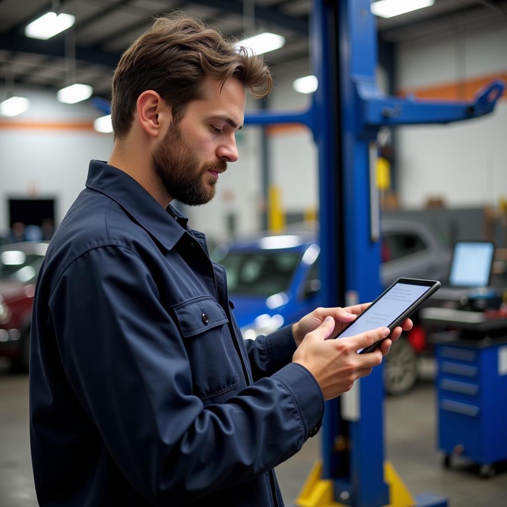 Mechanic using a tablet to manage appointments