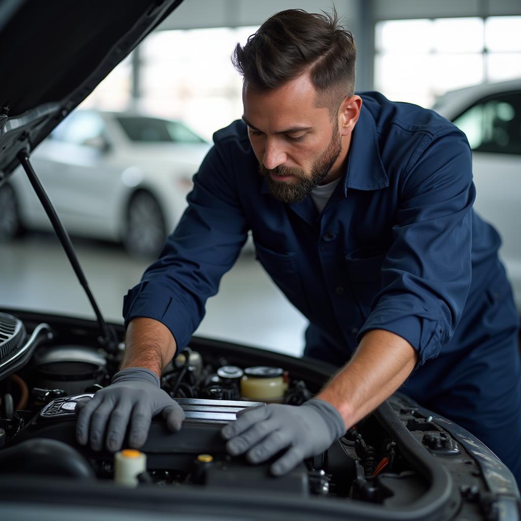 Auto Mechanic Working on Car