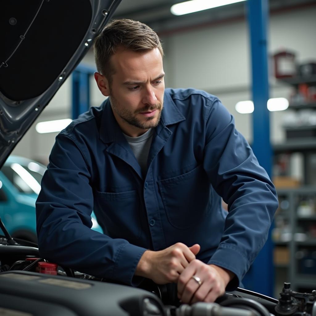 Auto Mechanic Working on Engine