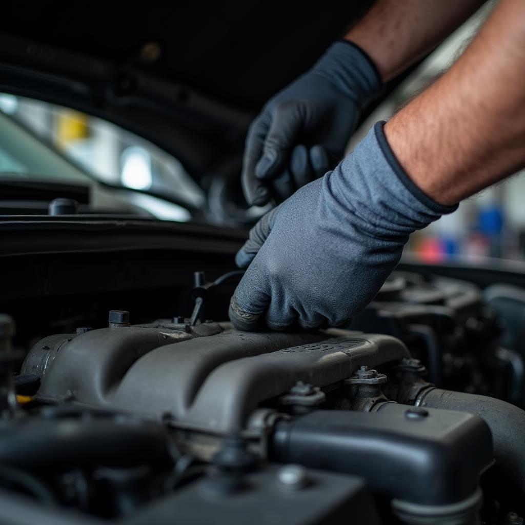 Auto Mechanic Working on Engine