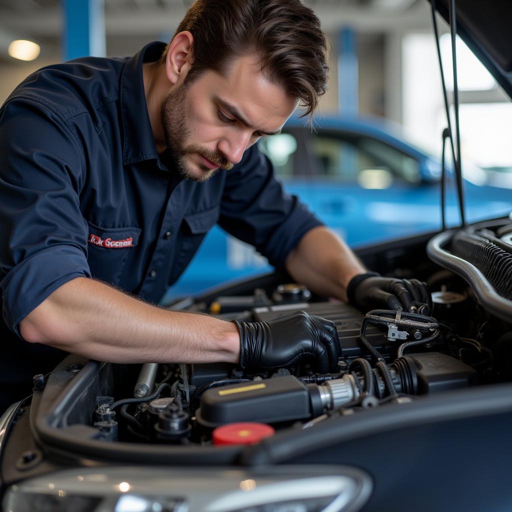 Auto Mechanic Working on Engine