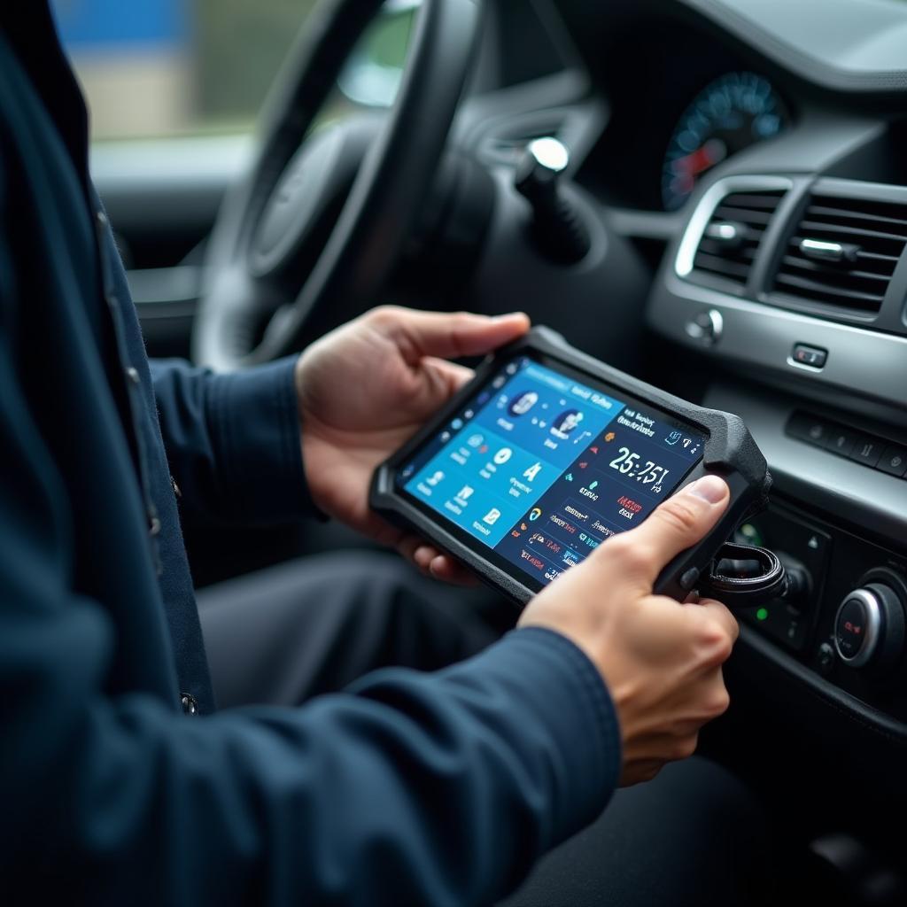 A close-up of a mechanic's hands using a digital diagnostic tool on a car at Auto Mondial Service SRL