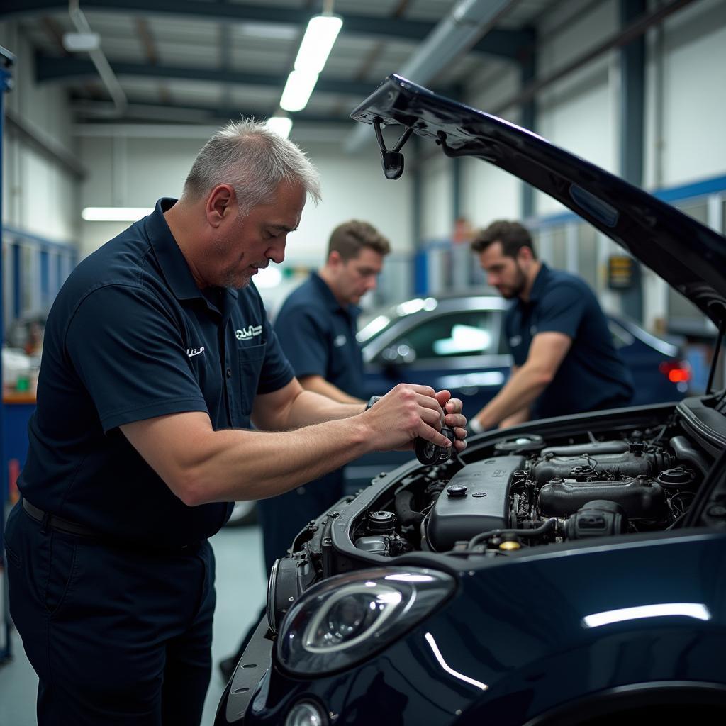 Expert technicians working on a car engine at Auto Mondial Service SRL