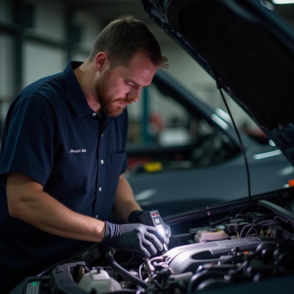 Mechanic inspecting a car engine in St. Louis Park