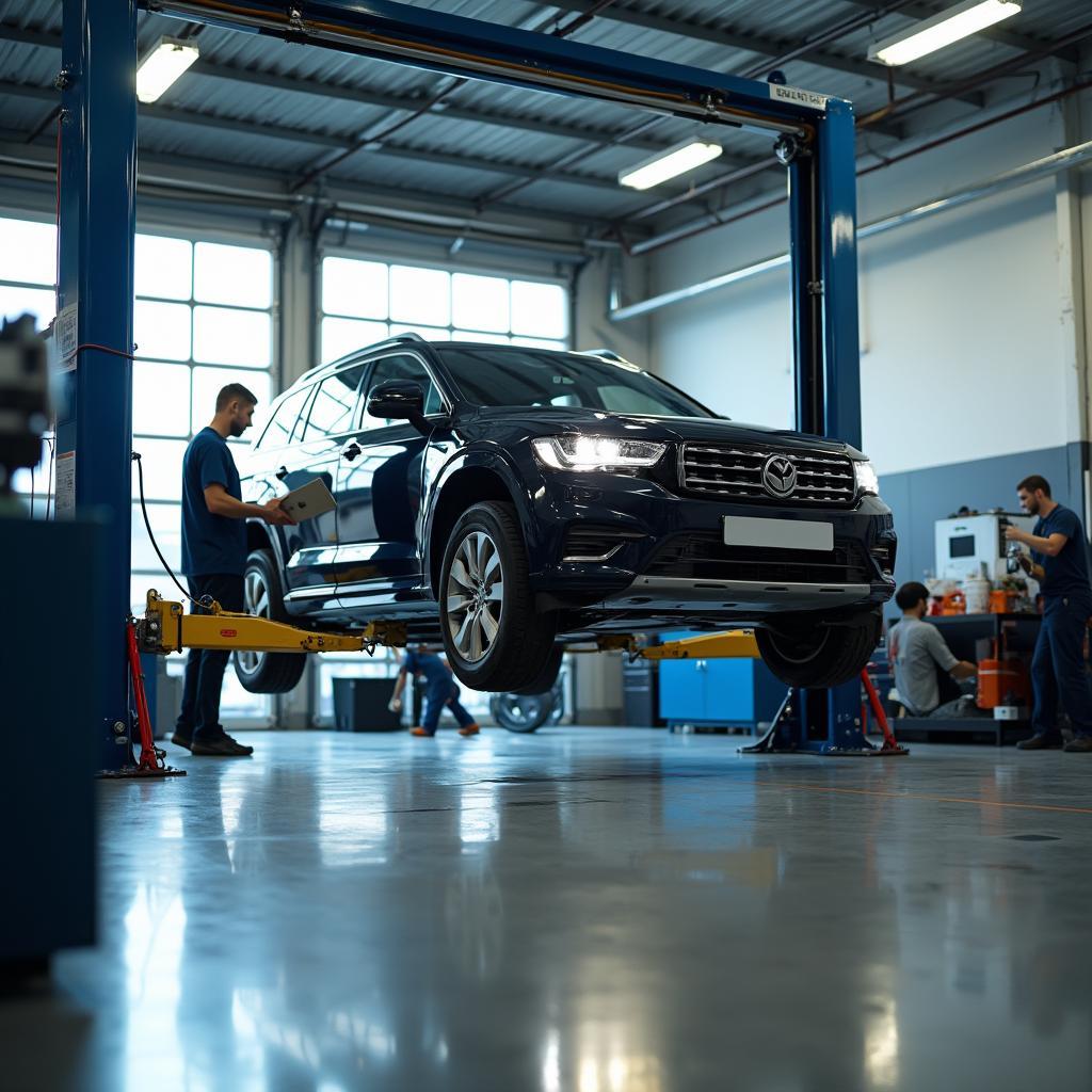 Modern Auto Repair Shop with Lifted Car