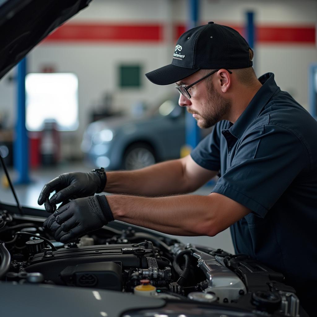 Auto Nation Mechanic Inspecting Engine