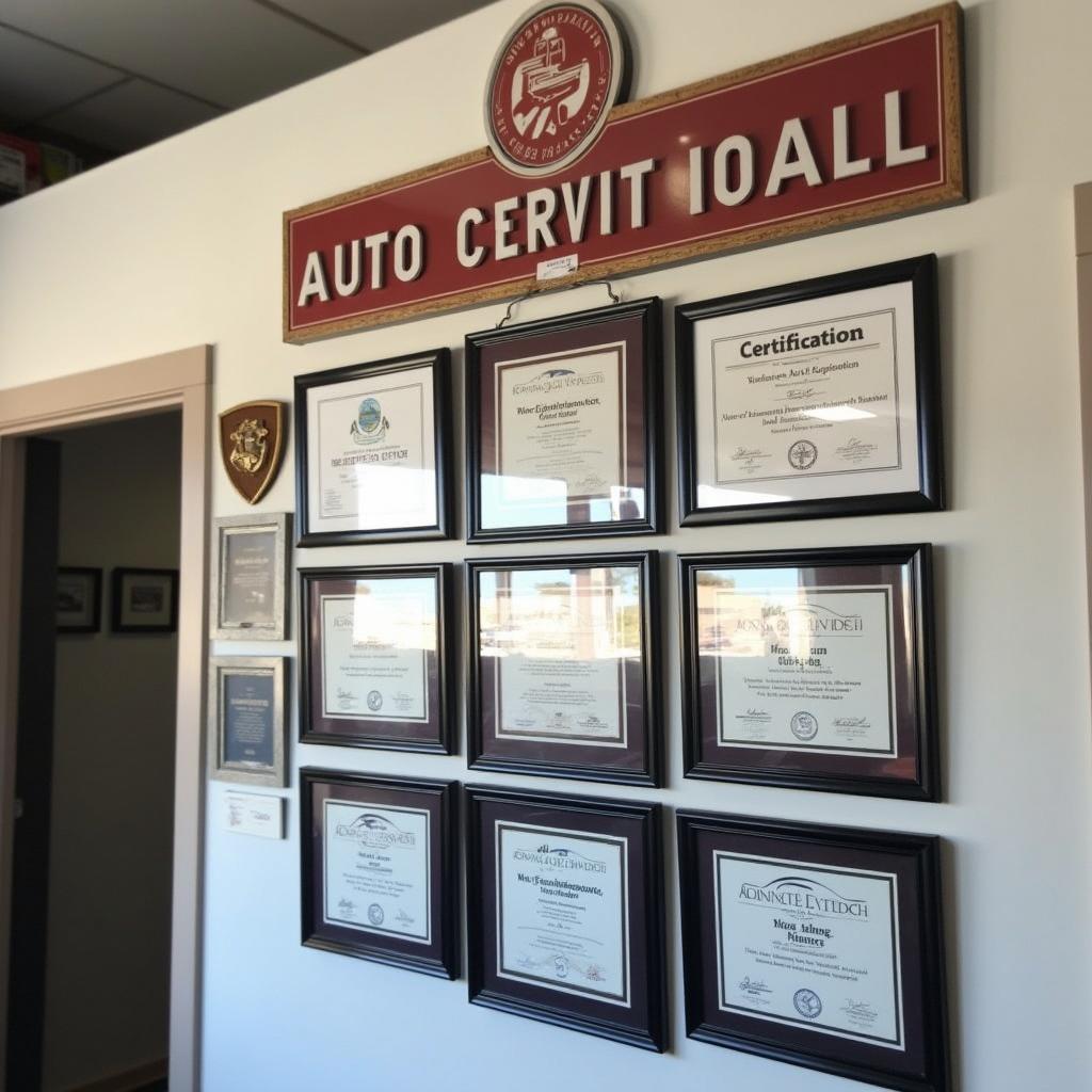 Close-up of various certifications and awards displayed prominently on the wall of an auto one service center