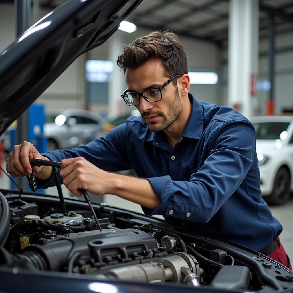 Auto parts service center technician working on a car engine