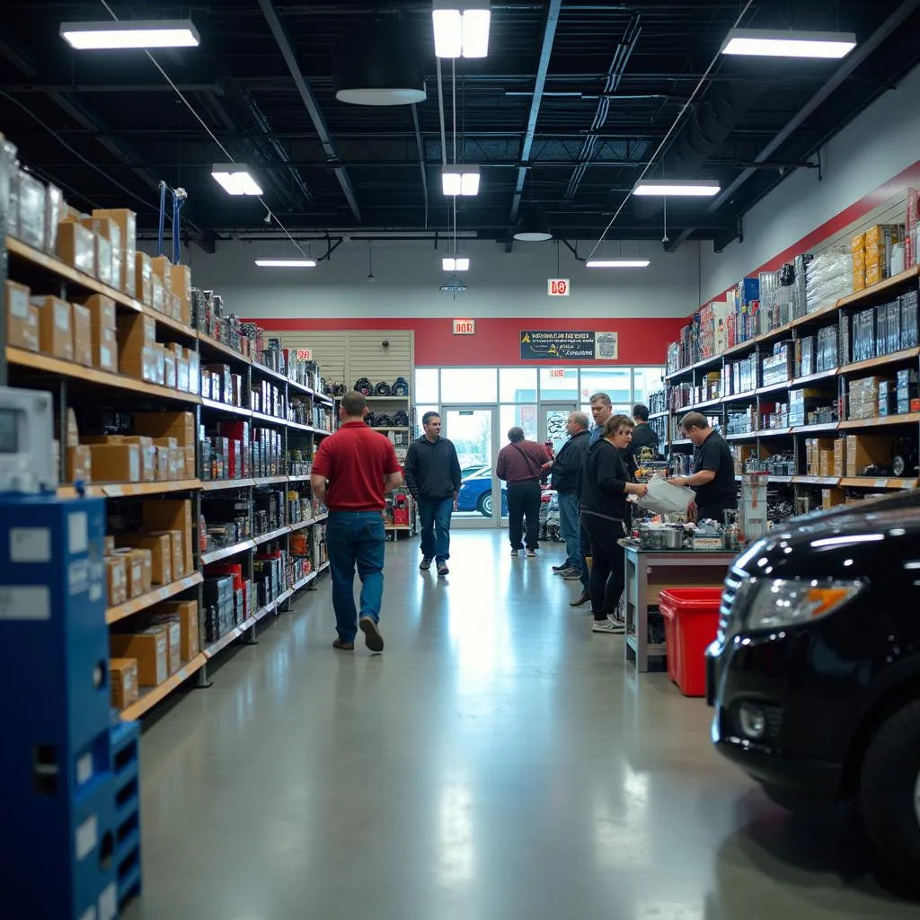 Customers and staff interacting in a busy auto parts store