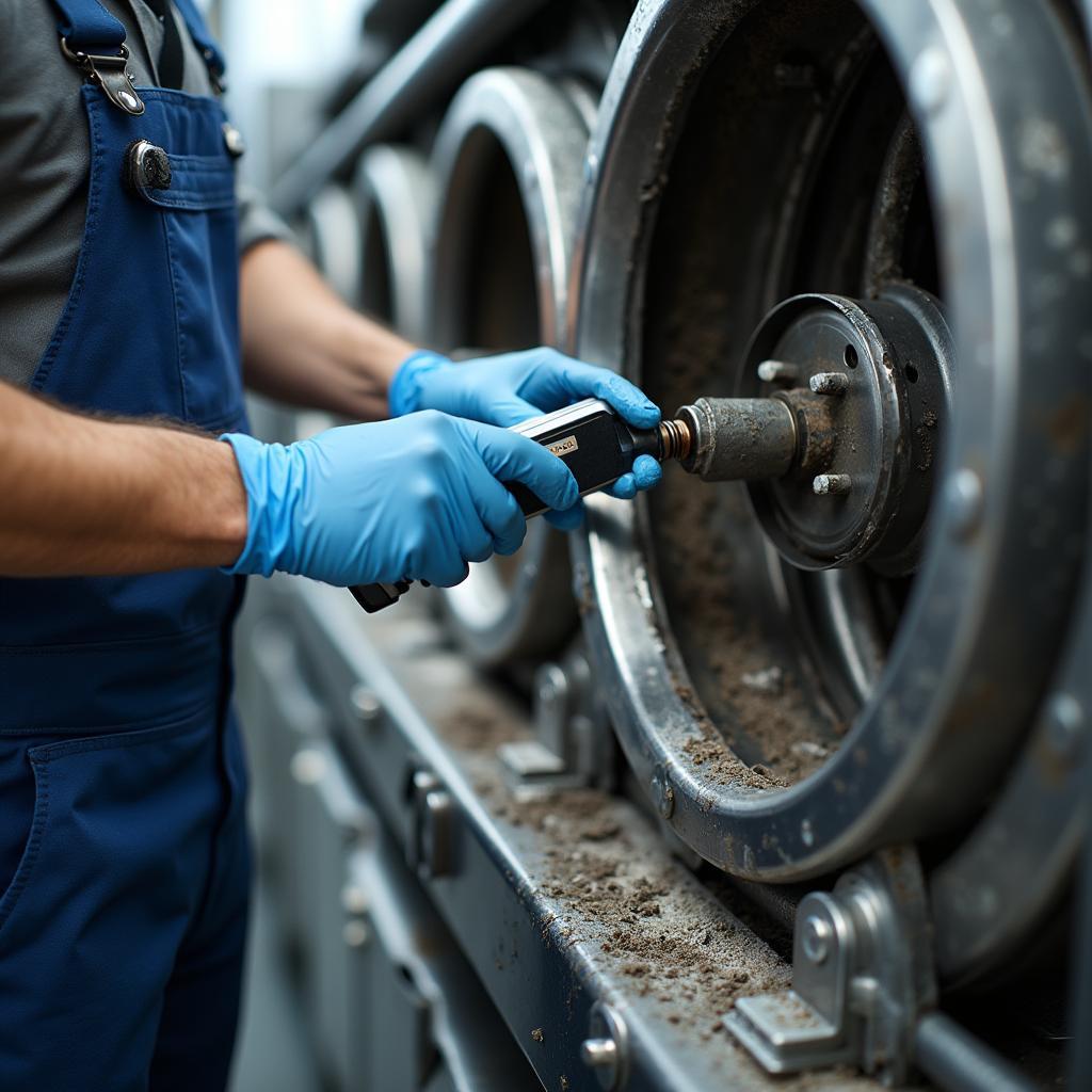 Auto parts washer maintenance technician inspecting and cleaning a parts washer