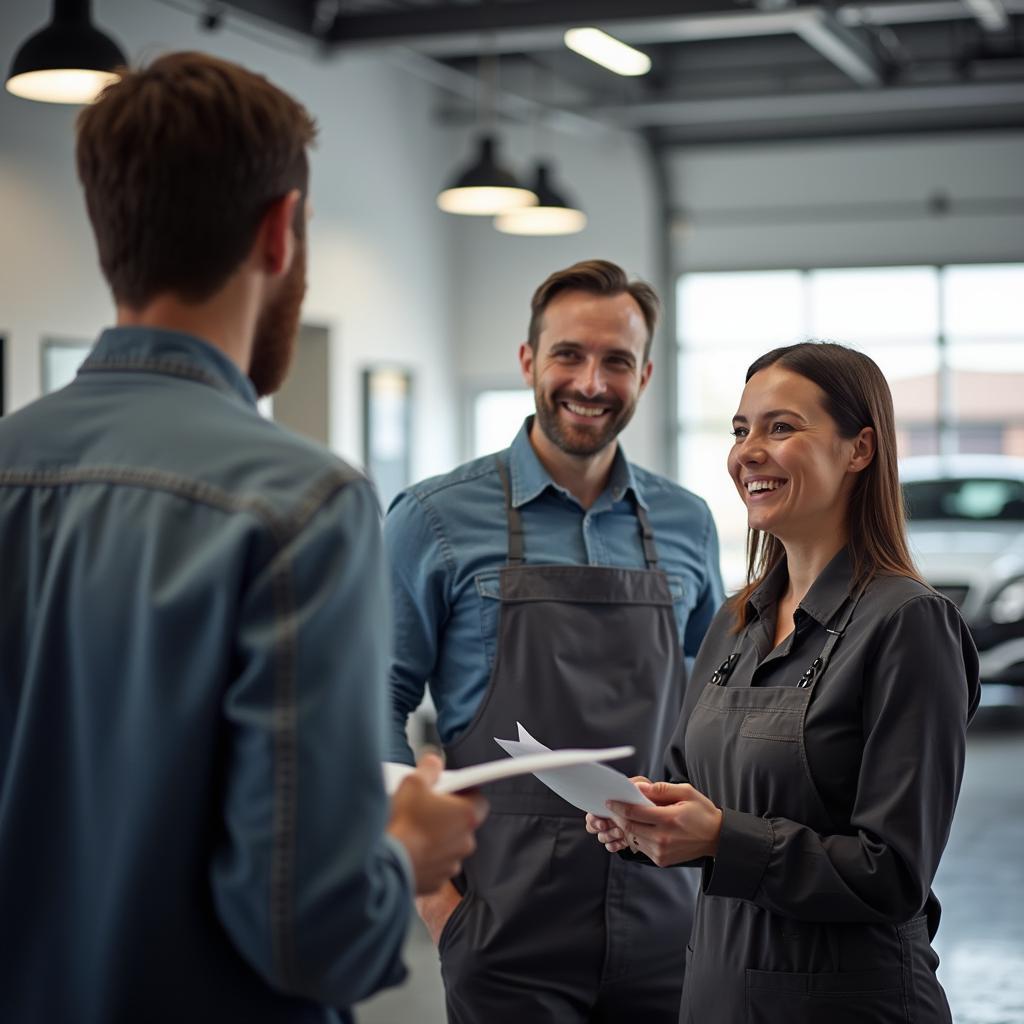 A friendly customer service advisor assisting a client with a smile in an auto service center