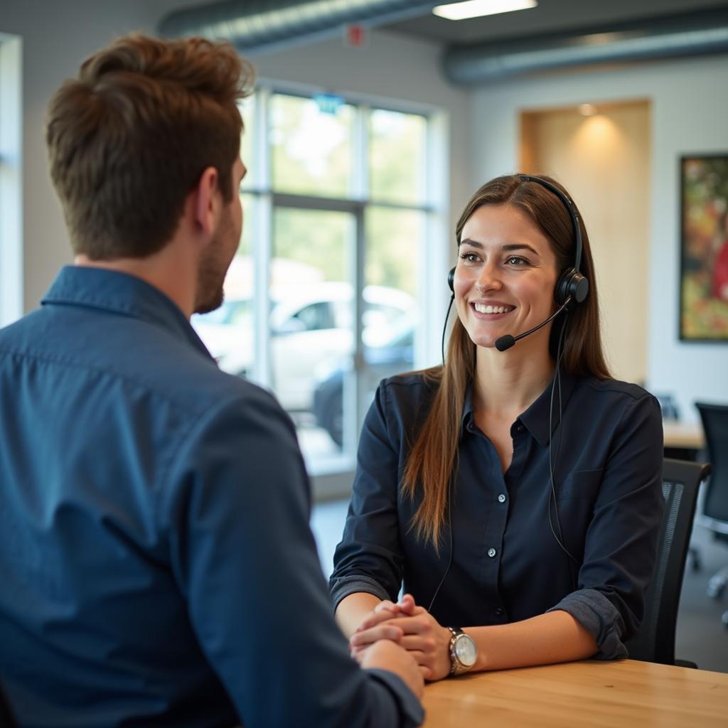 Friendly customer service representative assisting a client at an auto pedigree service centre.