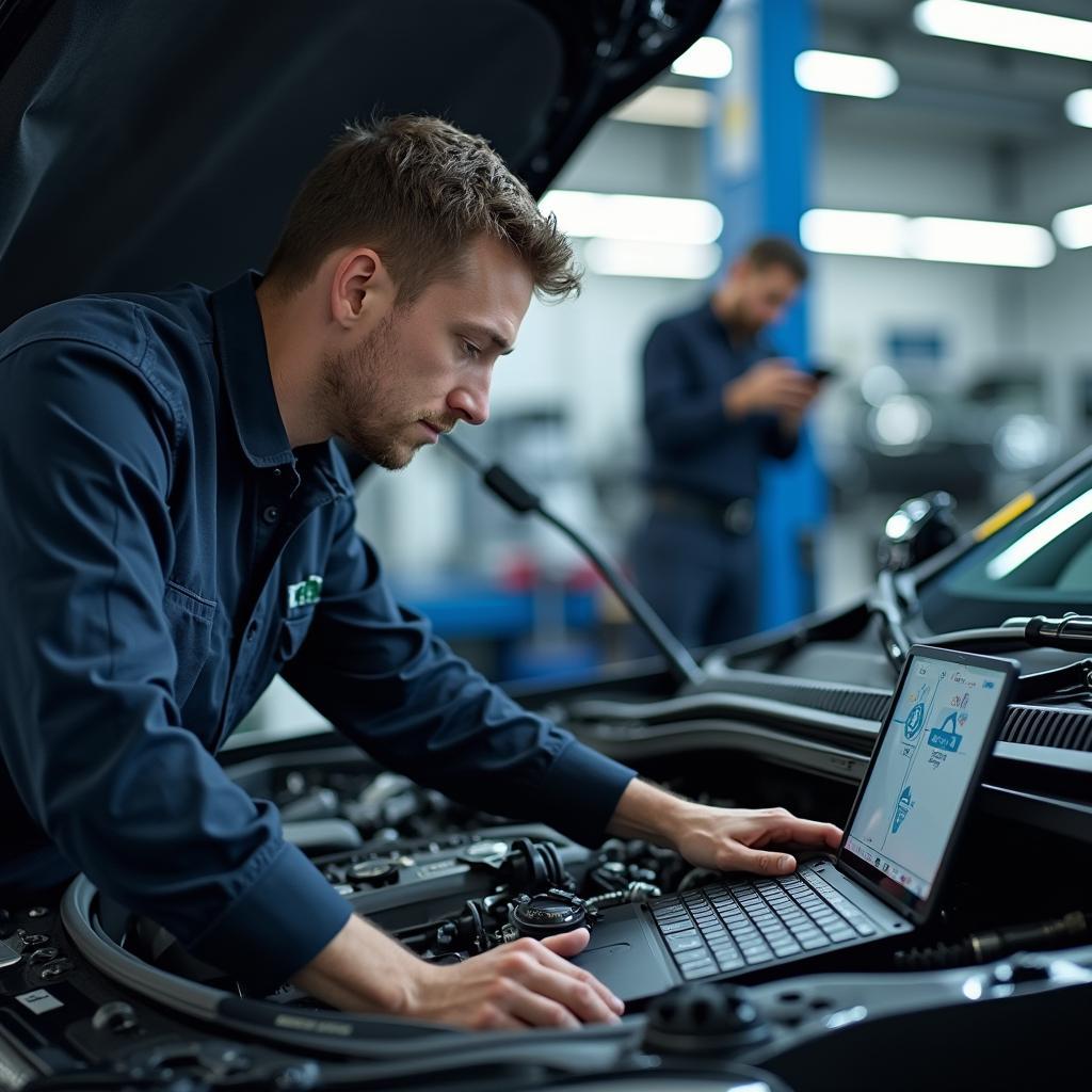 Skilled technician diagnosing a car engine at an auto pedigree service centre.