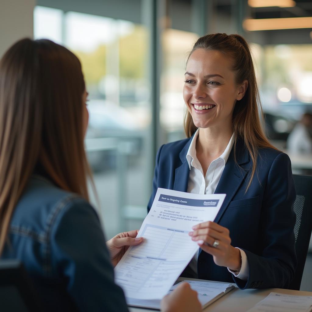 Friendly auto registration service agent assisting a client