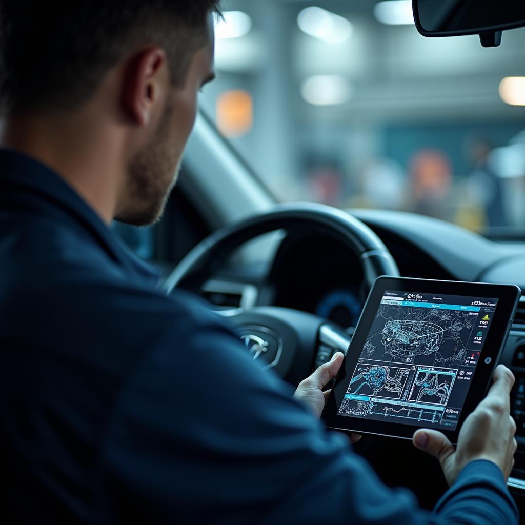 Mechanic using advanced diagnostic equipment on a car