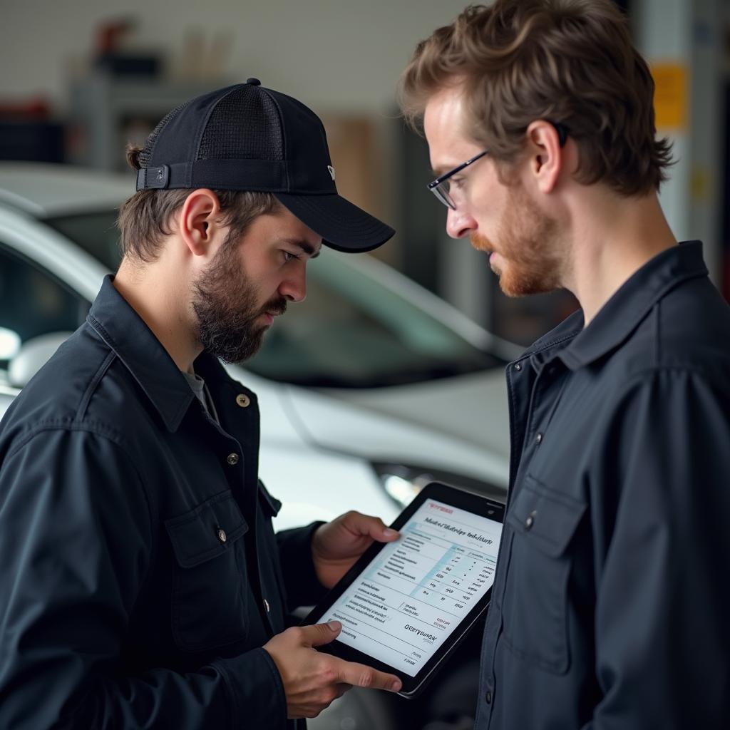 Mechanic reviewing repair estimate with customer