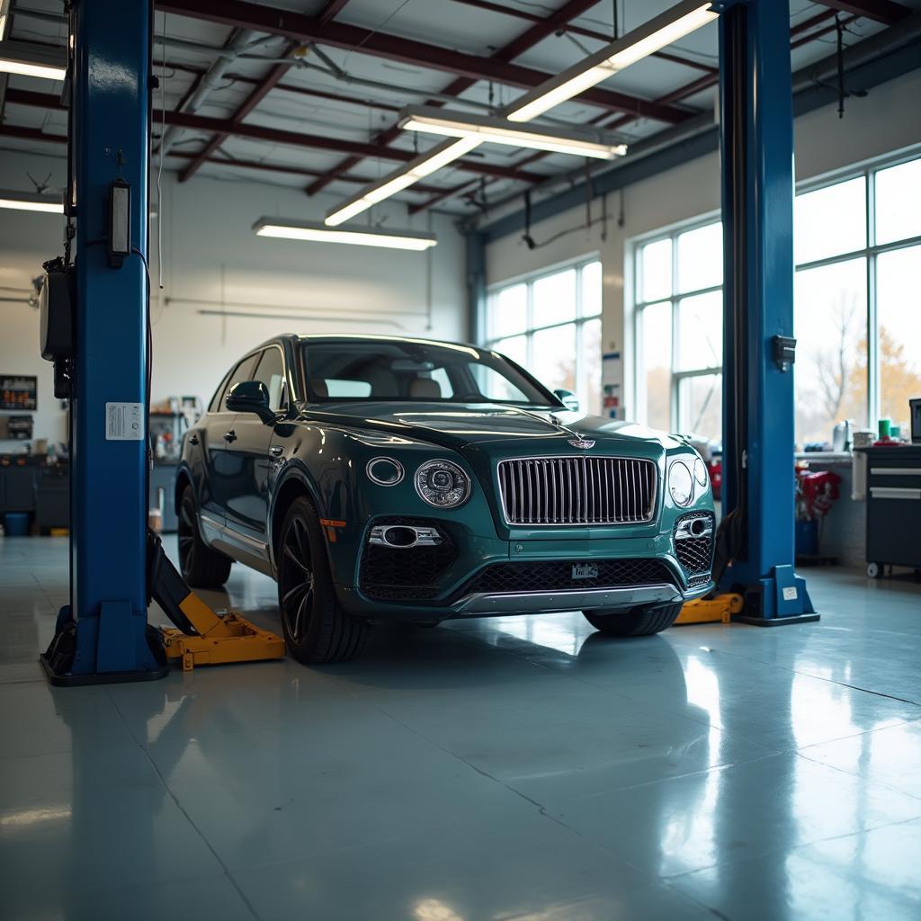 Car on a lift in an auto repair shop