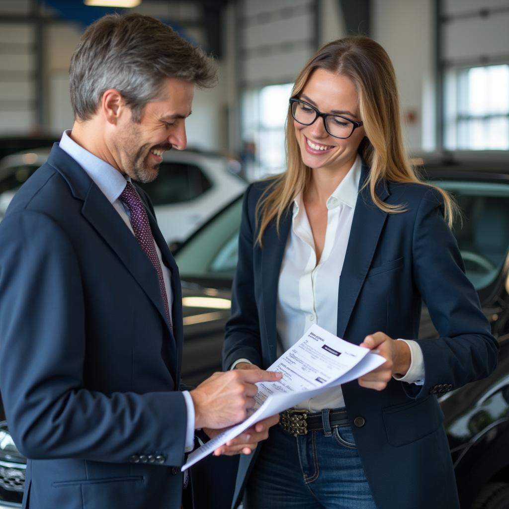 Service advisor discussing car repair with customer