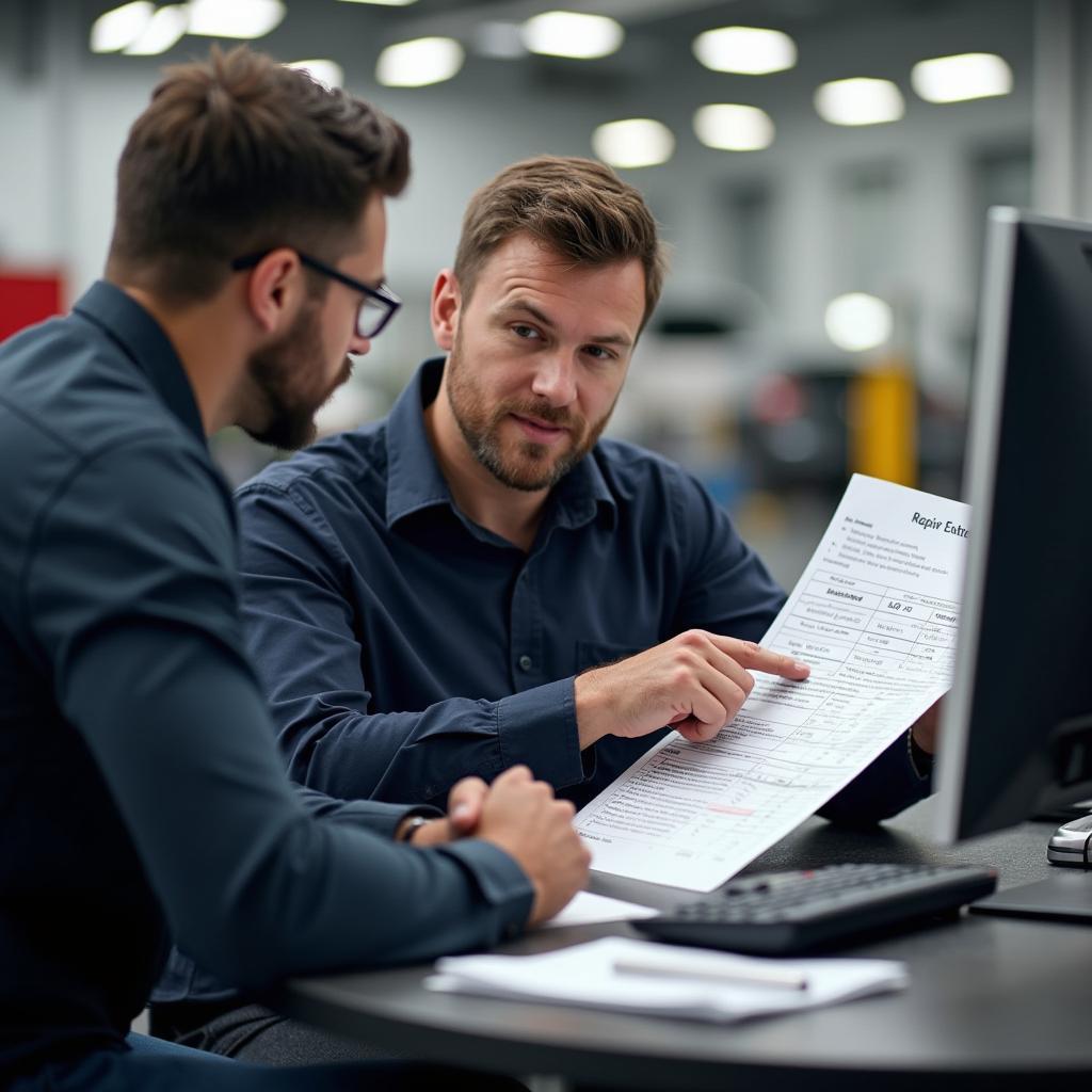 Service advisor discussing repair estimate with a customer