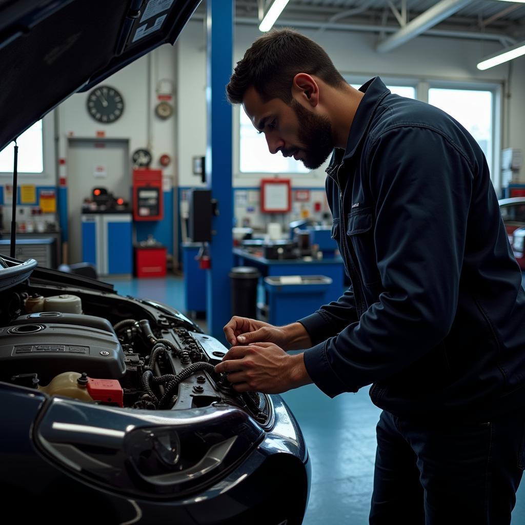 Mechanic working on a car in a repair shop in 02056