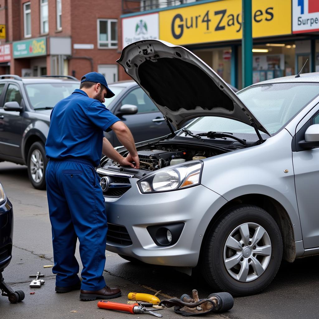 Mechanic working on a car in a busy auto repair shop on 17th Ave