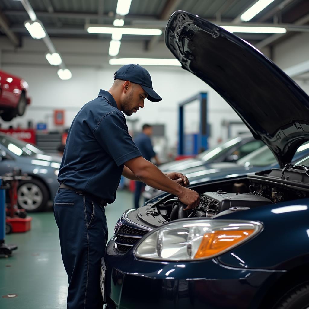 Mechanic working on a car in a repair shop in the 32828 zip code